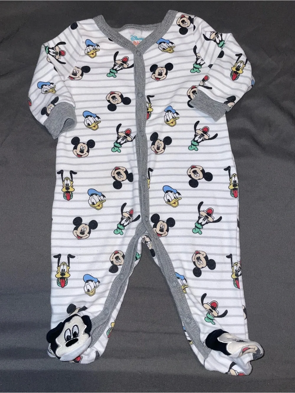 Disney White & Gray Striped Mickey & Friends Footed One-Piece